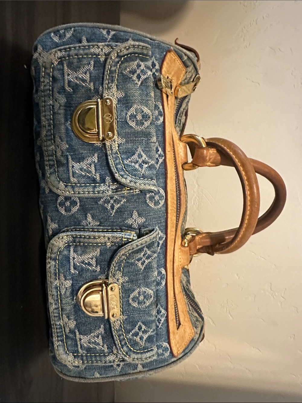 Louis Vuitton Blue Denim Speedy Monogram Satchel with Tan Leather Trim - Picture 12 of 13